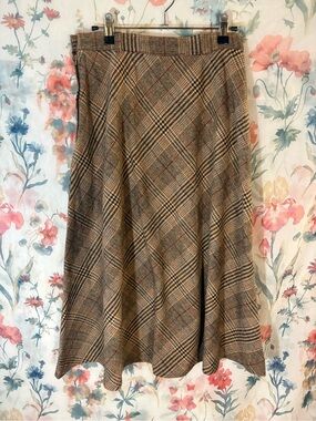 Vintage Womens Brown Plaid A-Line Midi Skirt
